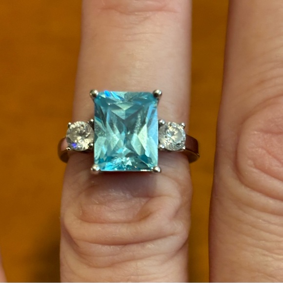 Emerald cut and round blue and clear cz ring, size 5 - Picture 1 of 4